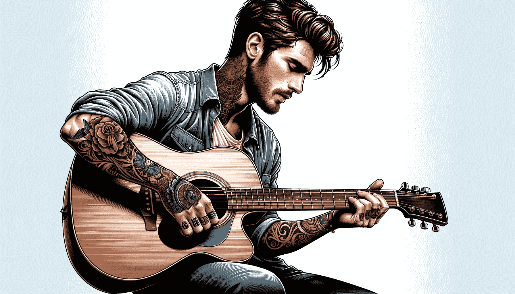 man with tattoo playing guitar